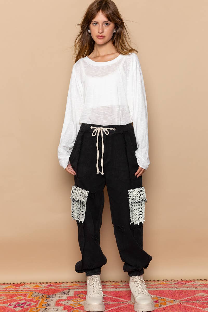 Tie waistband contrast crochet cargo pockets denim joggers