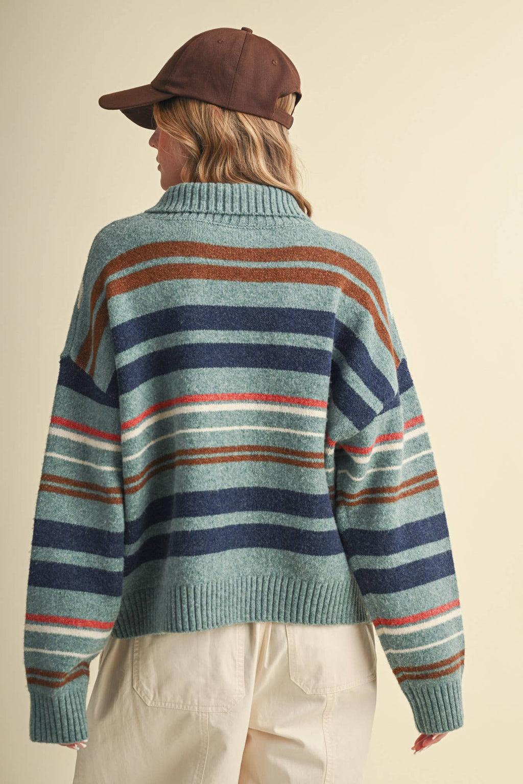 STRIPED MOCK NECK ZIP UP CARDIGAN