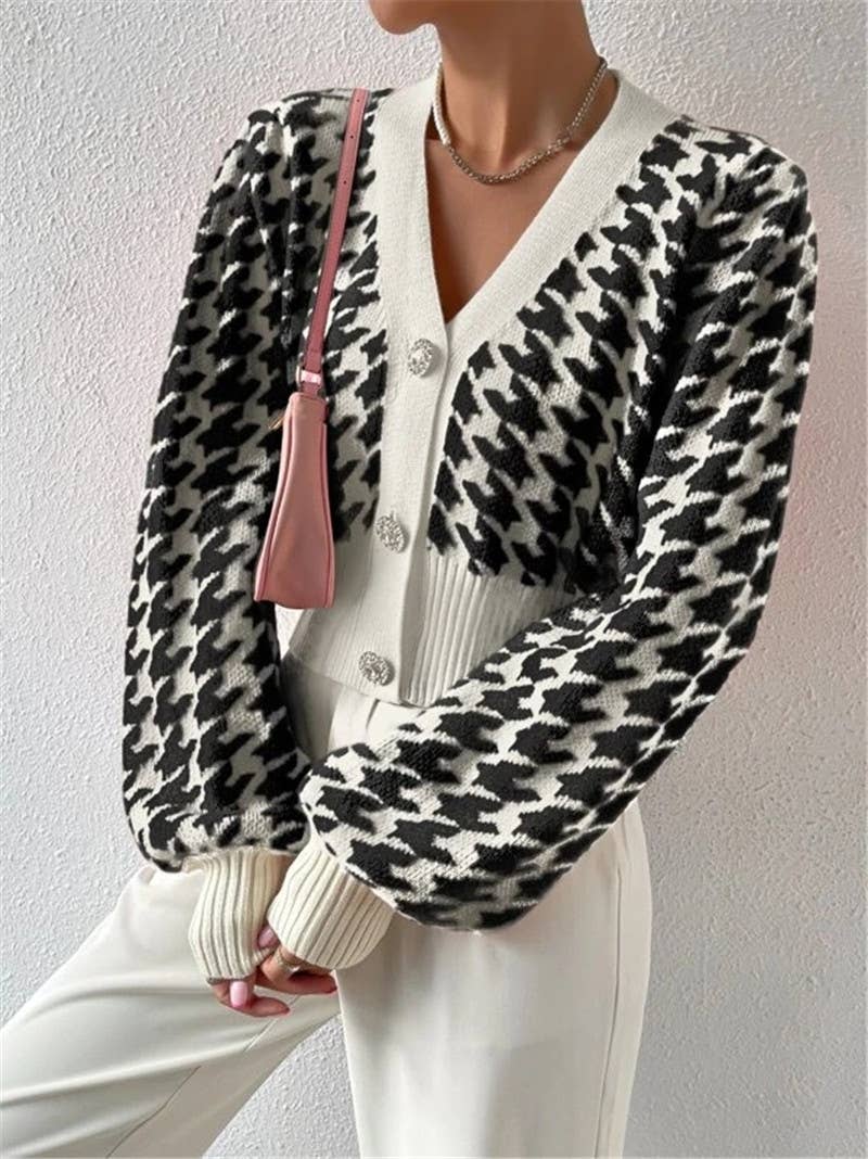 Houndstooth v-neck cropped knit Cardigan