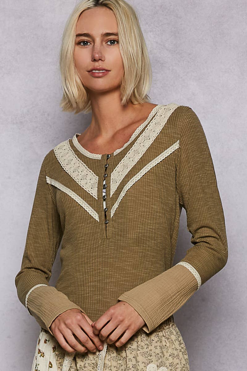Long sleeve double gauze solid knit rib top