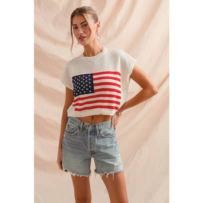FOURTH OF JULY AMERICAN FLAG BOXY FIT SWEATER TOP