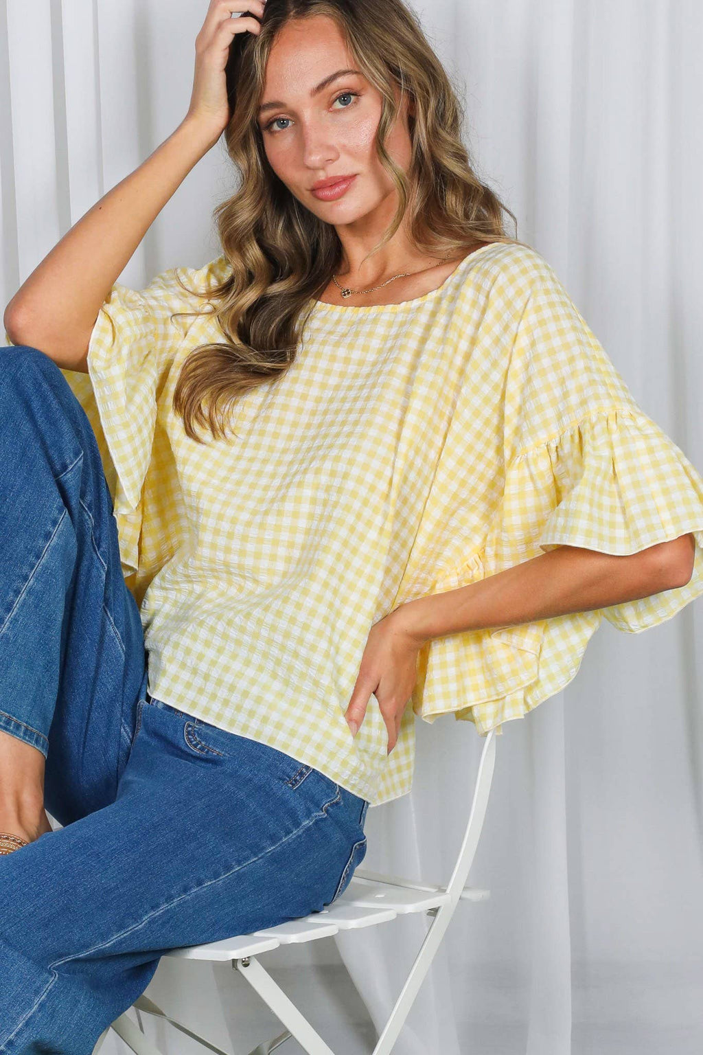Wild Ruffle Embellished Sleeve Flowy Gingham Top