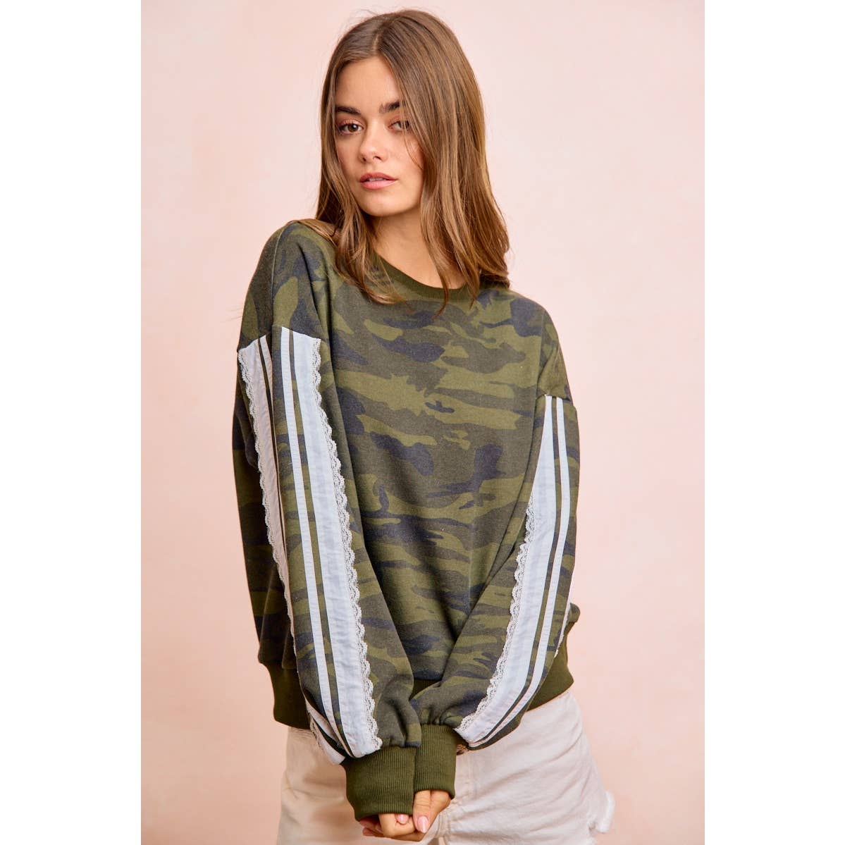 CAMOUFLAGE FRENCH TERRY LACE SWEATSHIRT TOP
