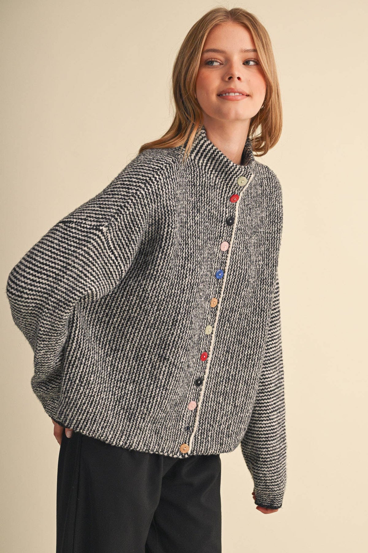 STRIPED SWEATER CARDIGAN WITH COLORFUL BUTTONS