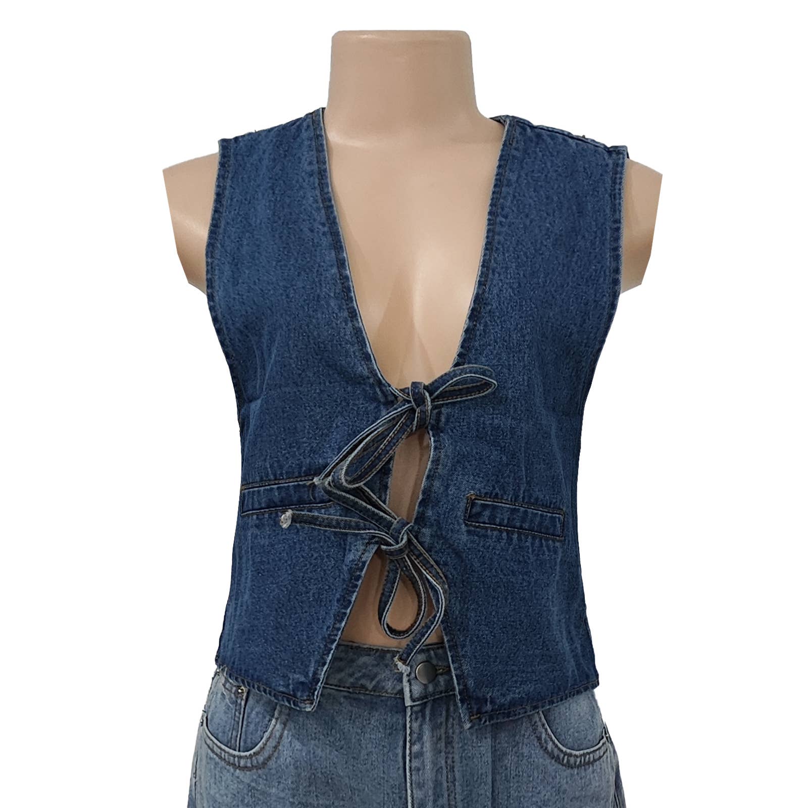Front bow tie v-neck Denim vest