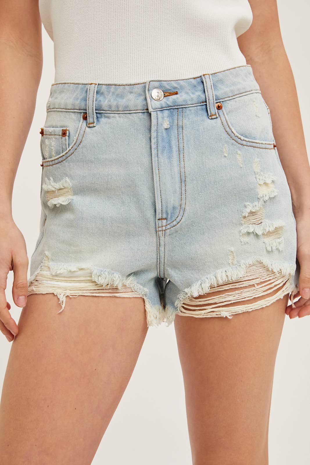 HIGH RISE DISTRESSED DENIM SHORTS