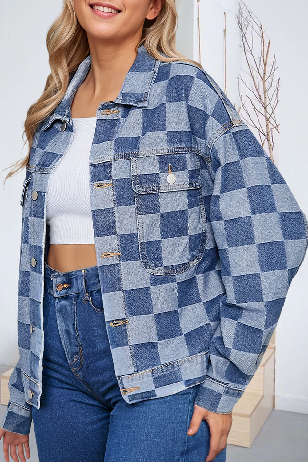 Checkered Patchwork Button Down Denim Jacket