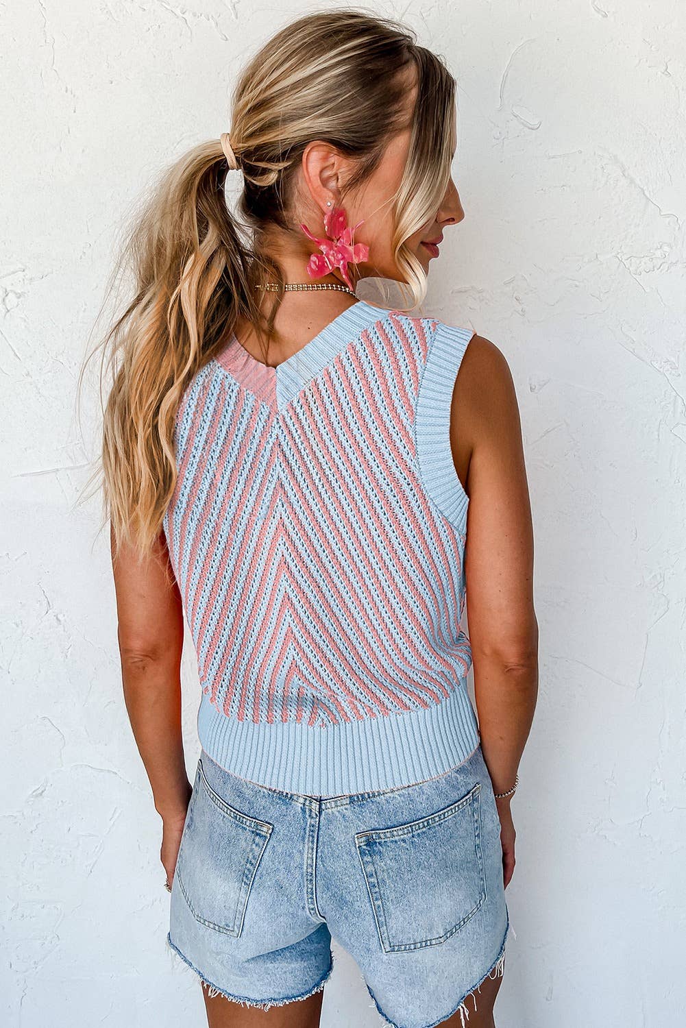Strawberry Pink Contrast Chevron Knit V Neck Sweater Vest