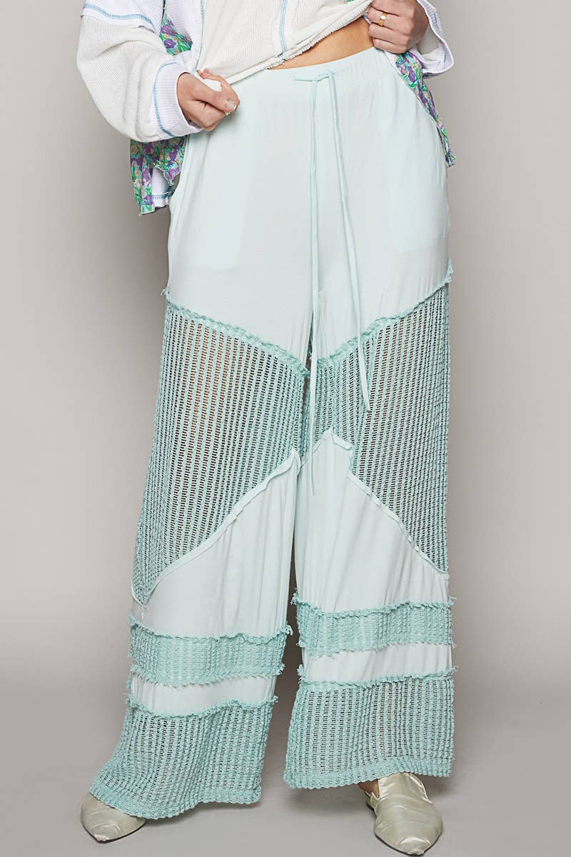 Contrast see through elastic waist knit culottes pants