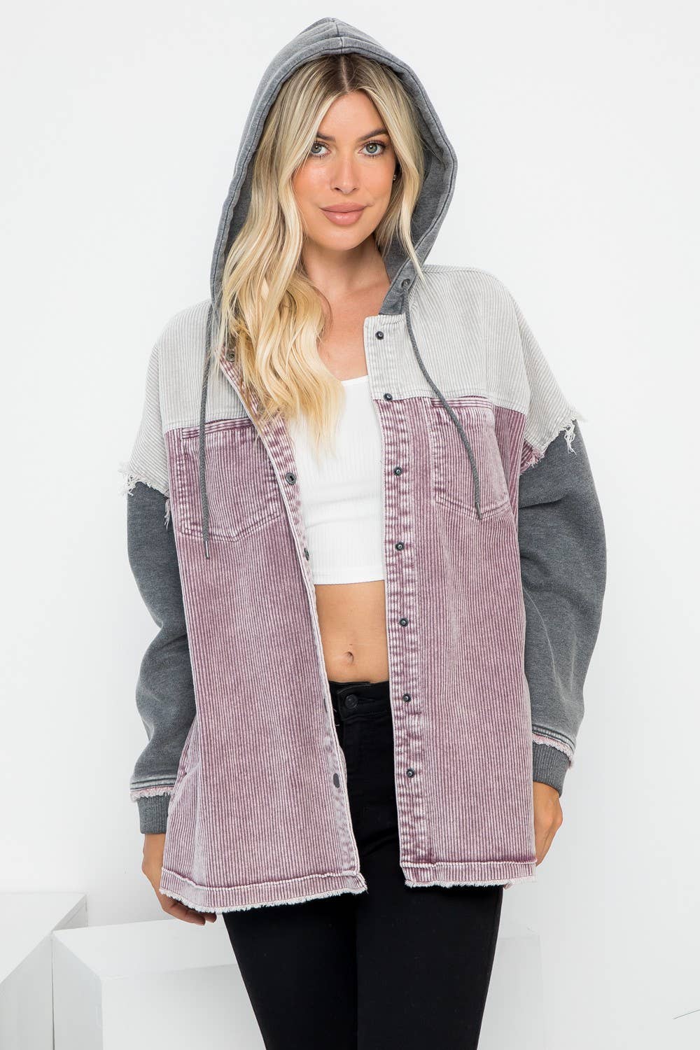 Washed Color Block Hooded Shacket