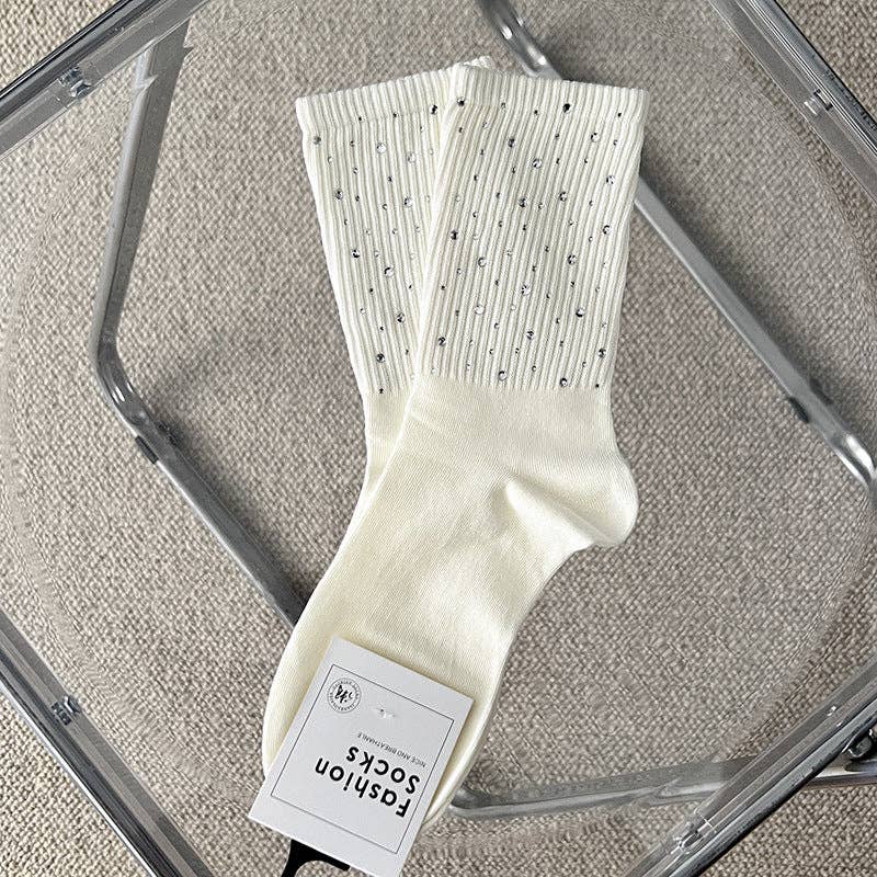 Rhinestone Ribbed Simple Cotton Socks