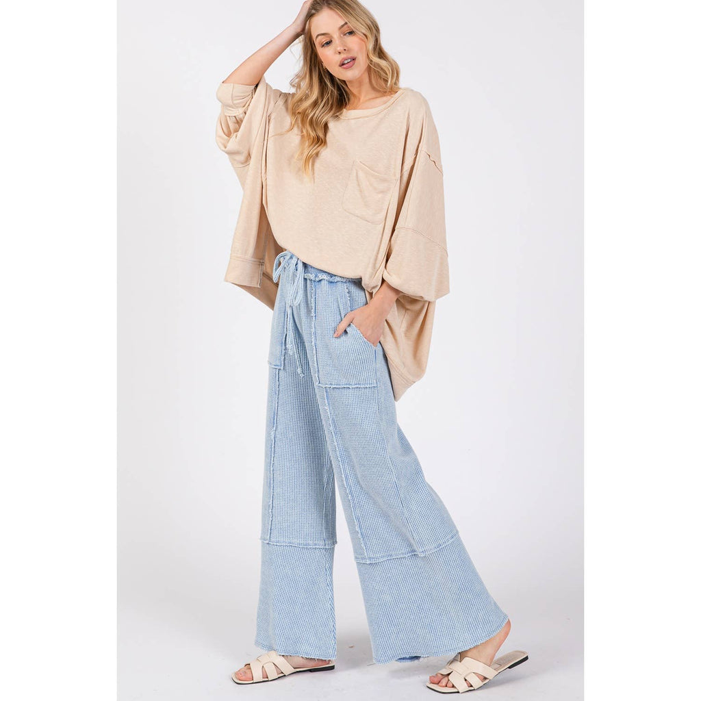 WAFFLE TEXTURED WIDE LEGS MINERAL WASHED PANTS