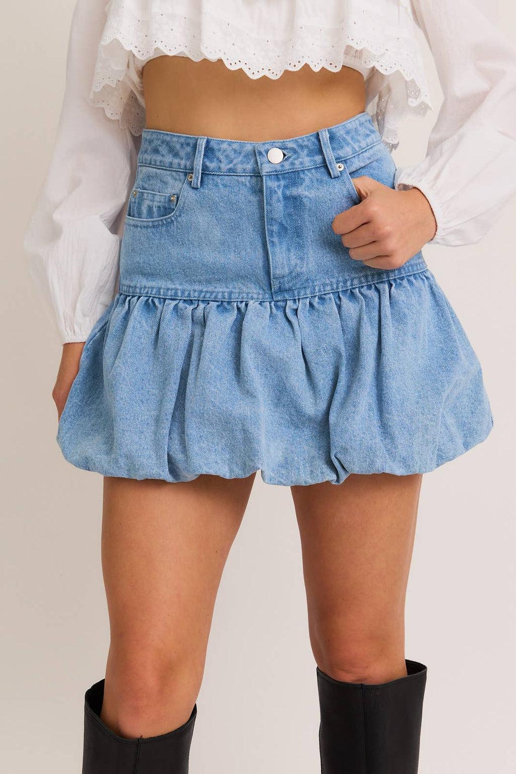 PUFF HEM DENIM MINI SKIRT