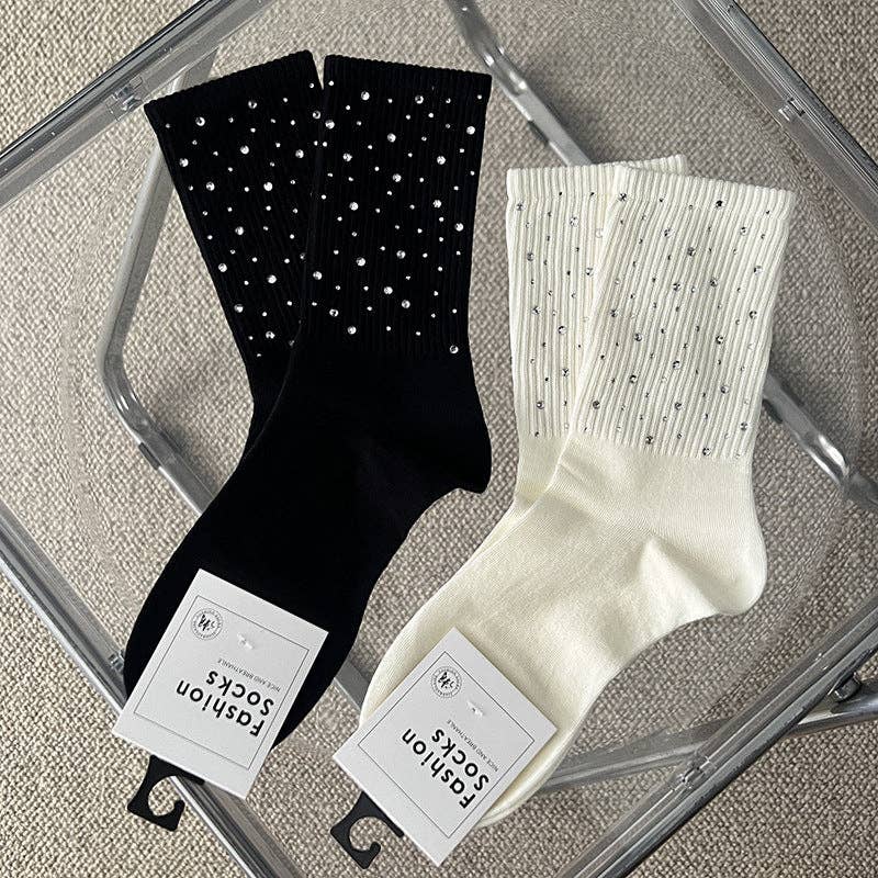 Rhinestone Ribbed Simple Cotton Socks