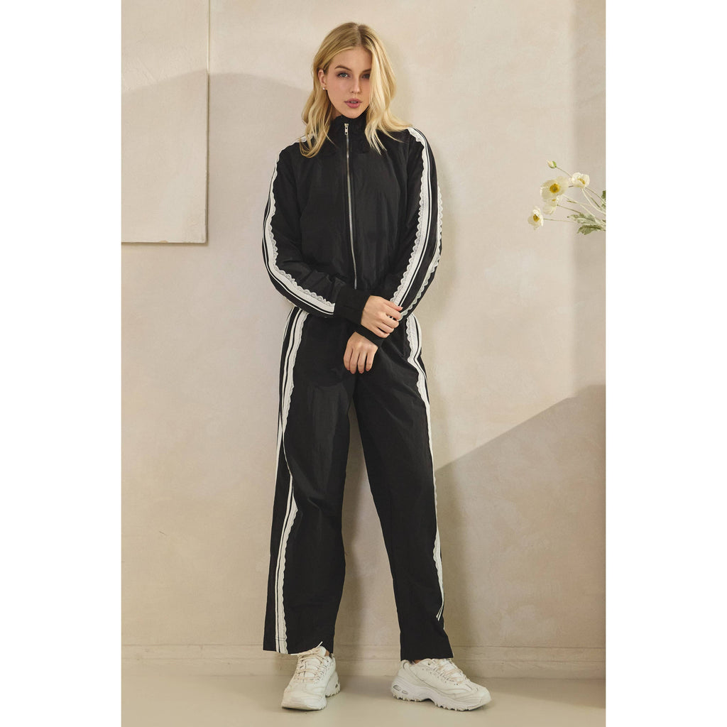 Stripe Nylon Pants with Lace Details