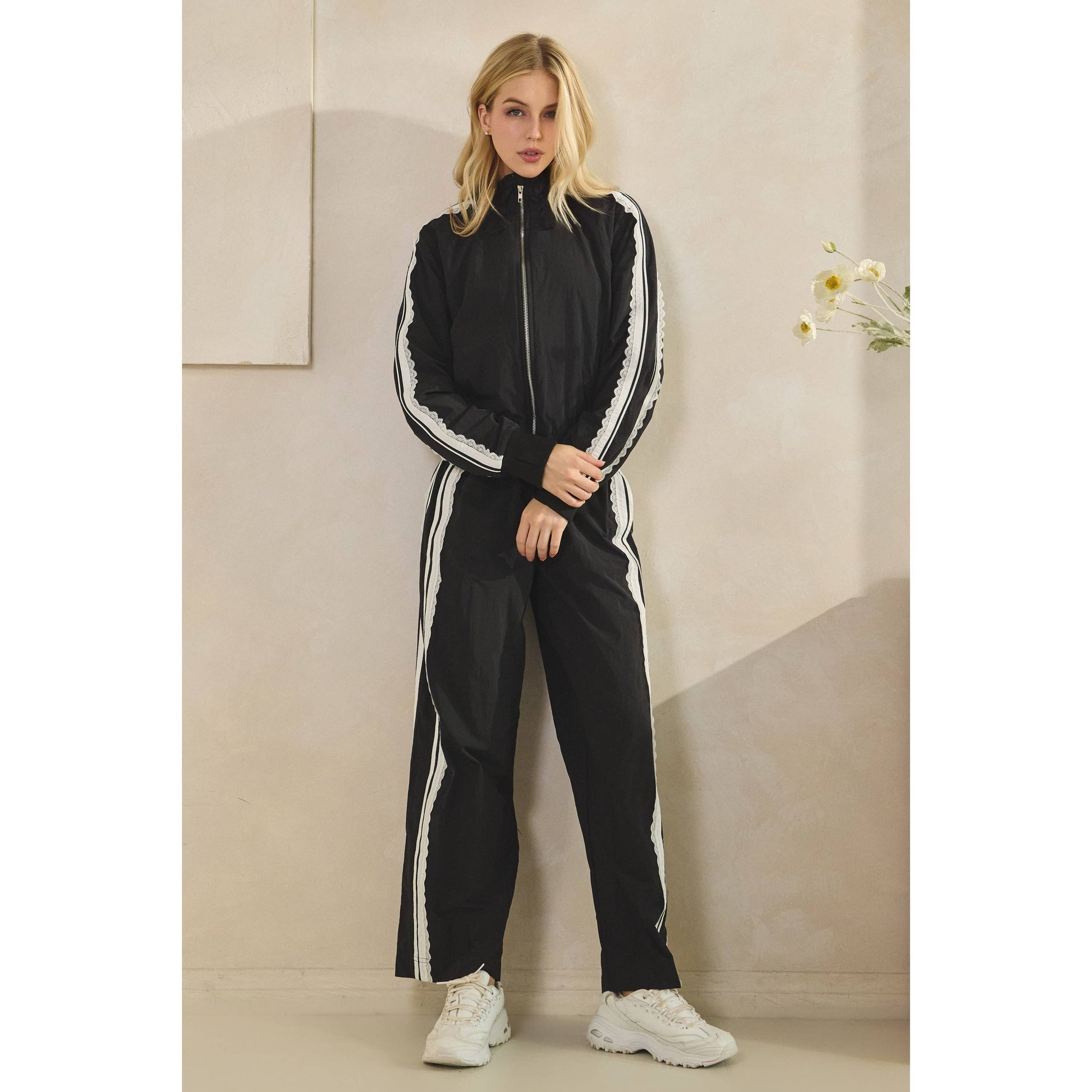 Stripe Nylon Pants with Lace Details