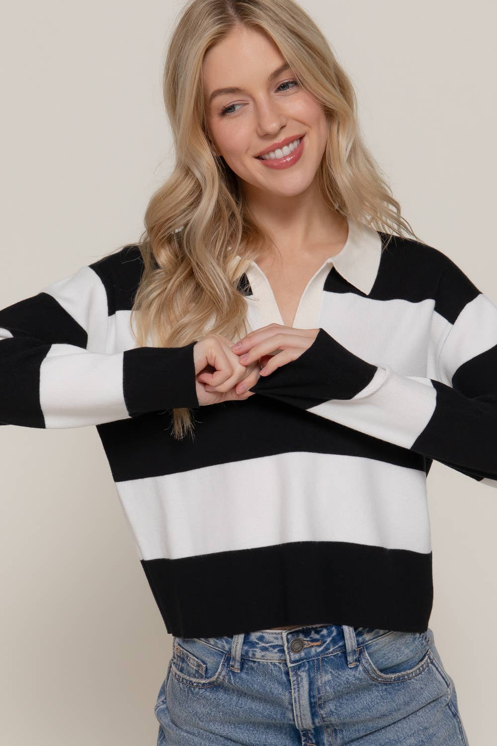 Long Sleeve Rugby Stripe Polo Swaeter
