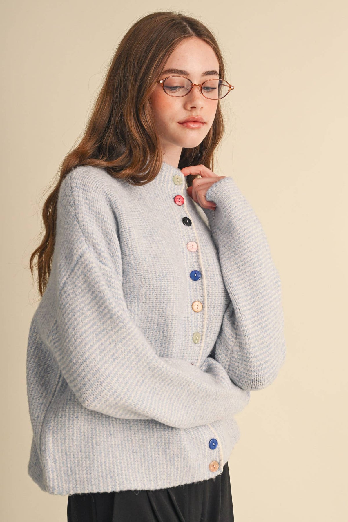 STRIPED SWEATER CARDIGAN WITH COLORFUL BUTTONS