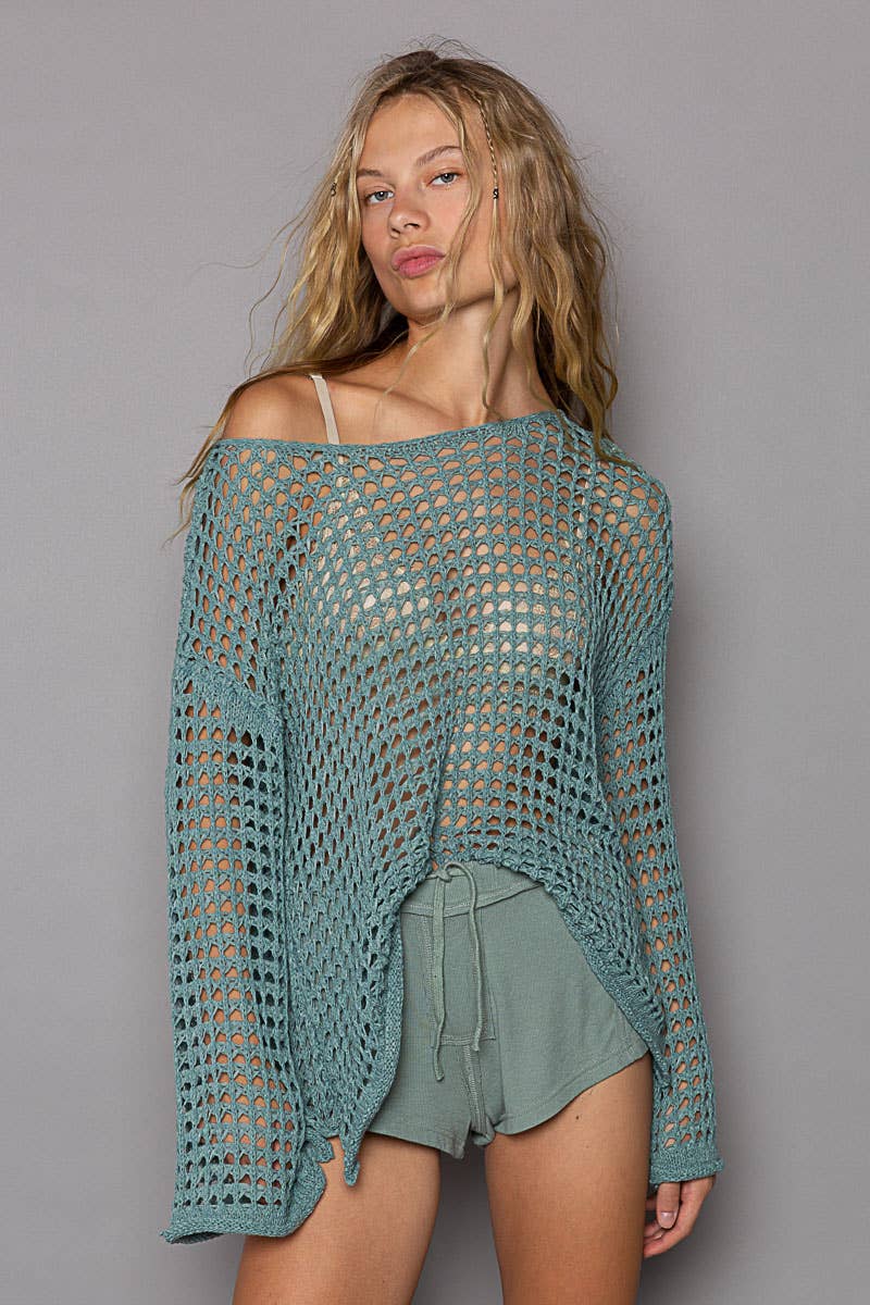 Dropped Shoulder Open Knit Boat Neck Sweater