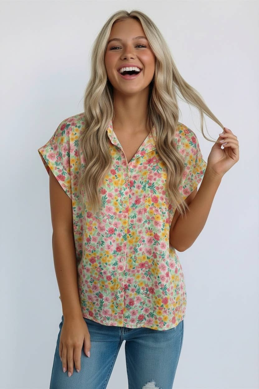 COLLAR BUTTON UP SHORT SLEEVE FLORAL RPINT SHIRT