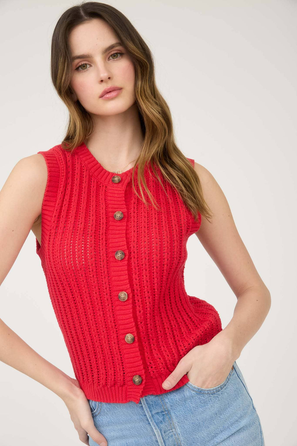 CREW NECK BUTTON DOWN SLEEVELESS KNIT CARDIGAN