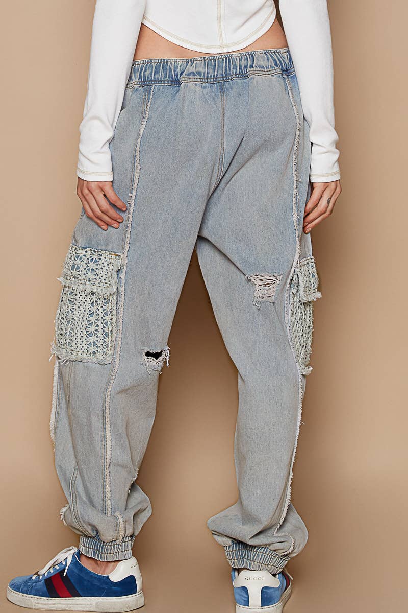 Tie waistband contrast crochet cargo pockets denim joggers