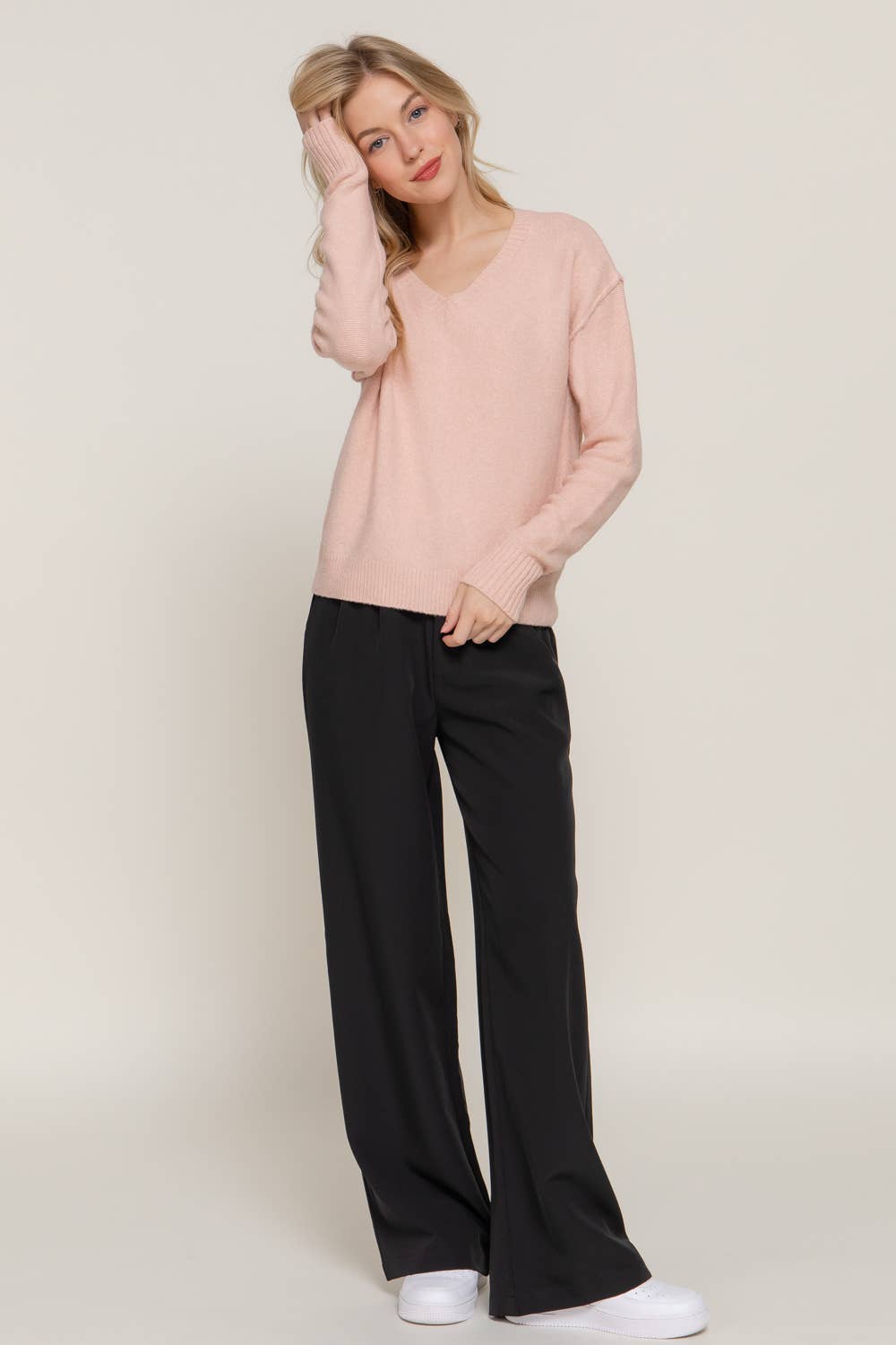 Long Sleeve V-Neck Raised Seam Detail Sweater
