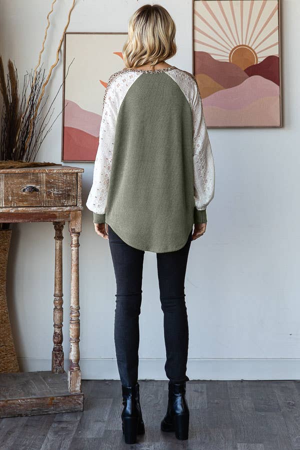 Color Block Animal Contrast Button Front Pullover Top