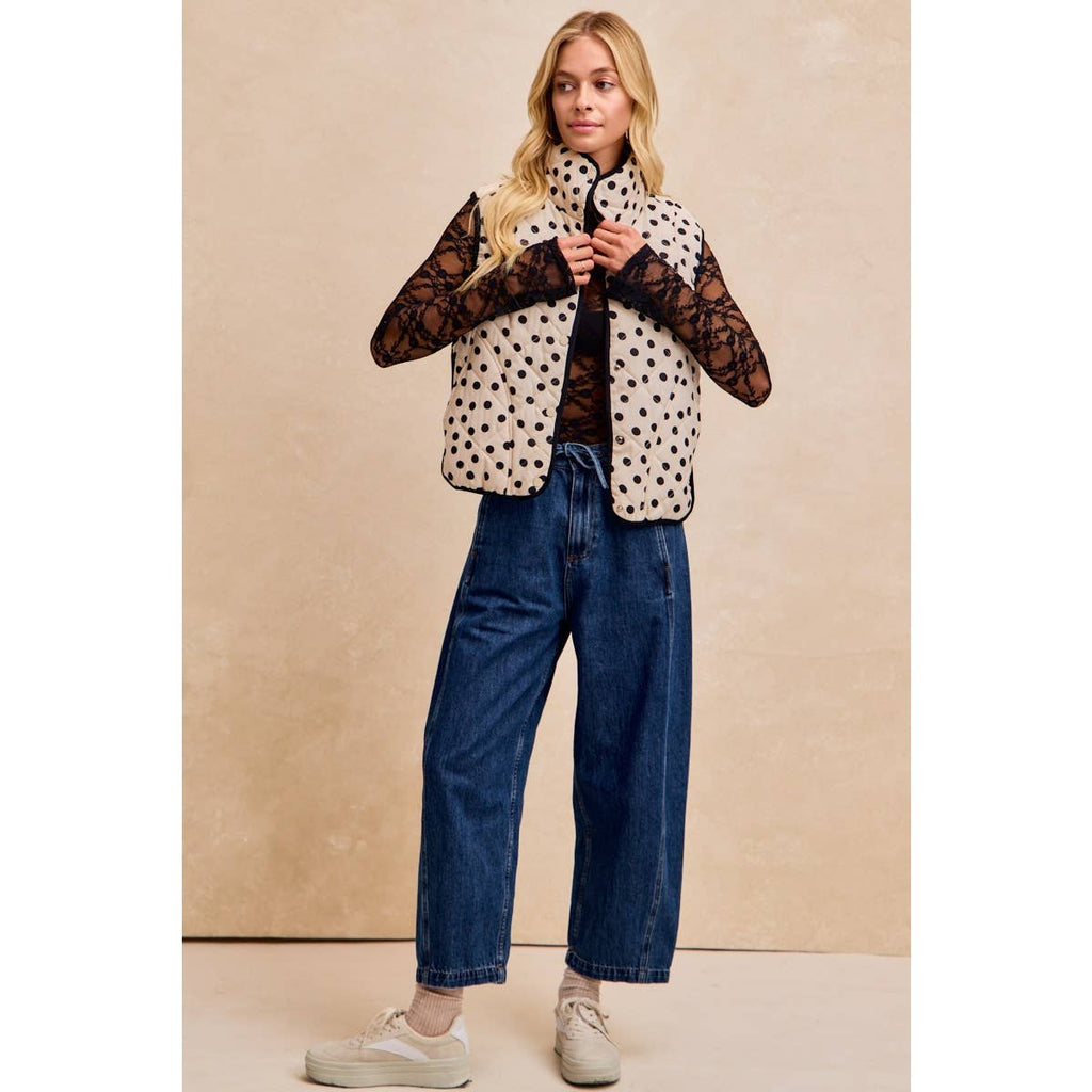 POLKA DOT PRINT PIPING DETAIL QUILTED VEST