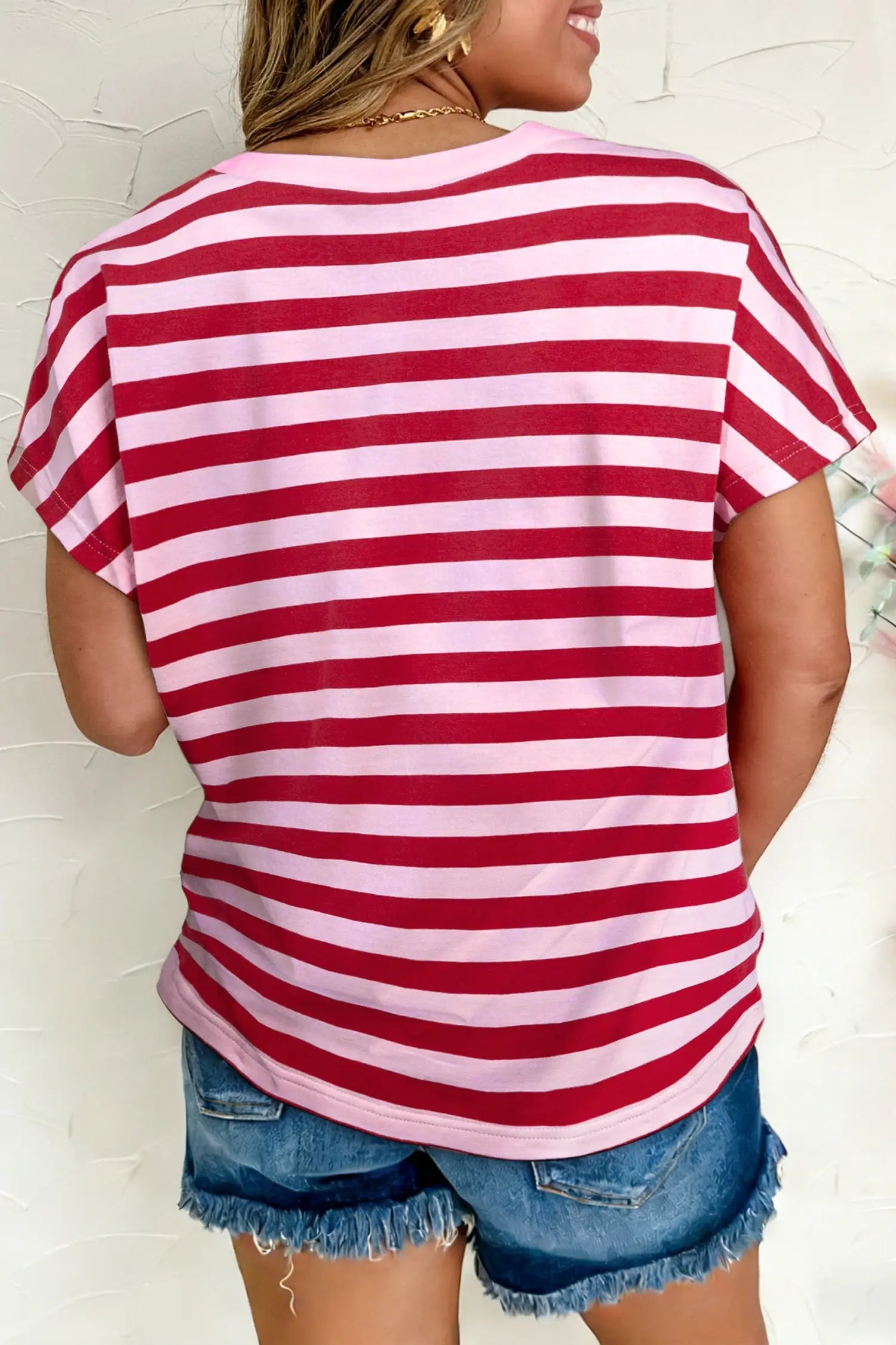 Stripe Split V Neck Casual T Shirt