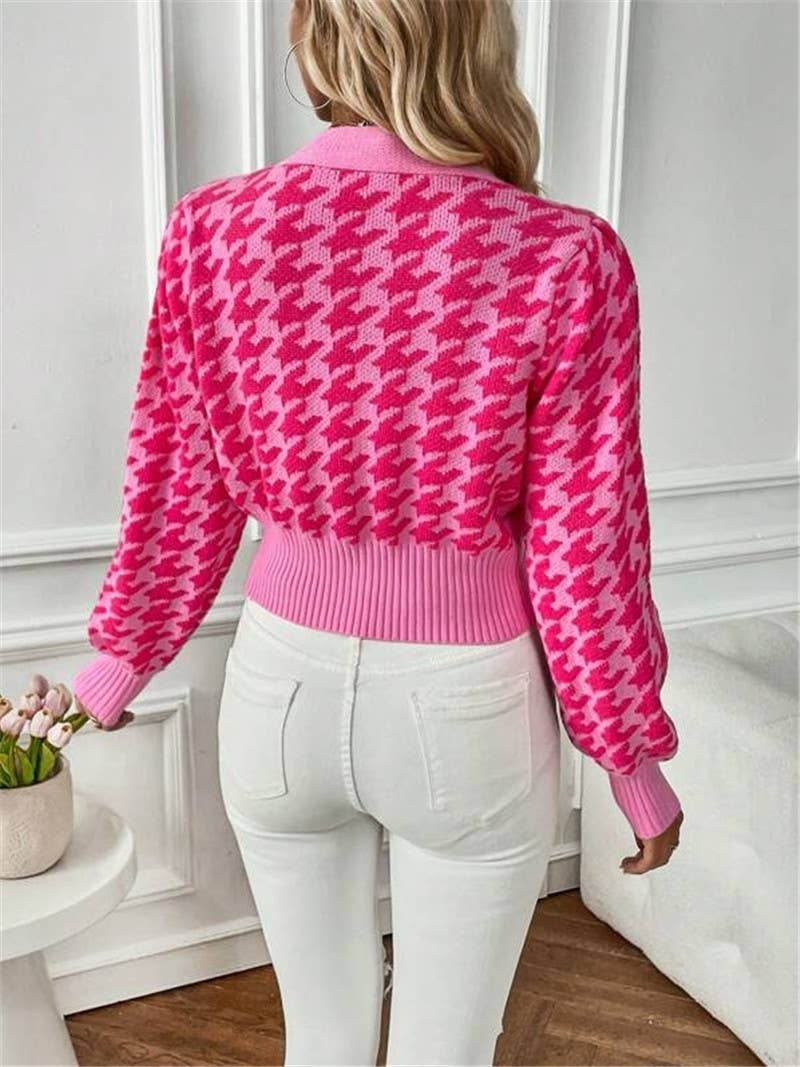 Houndstooth v-neck cropped knit Cardigan