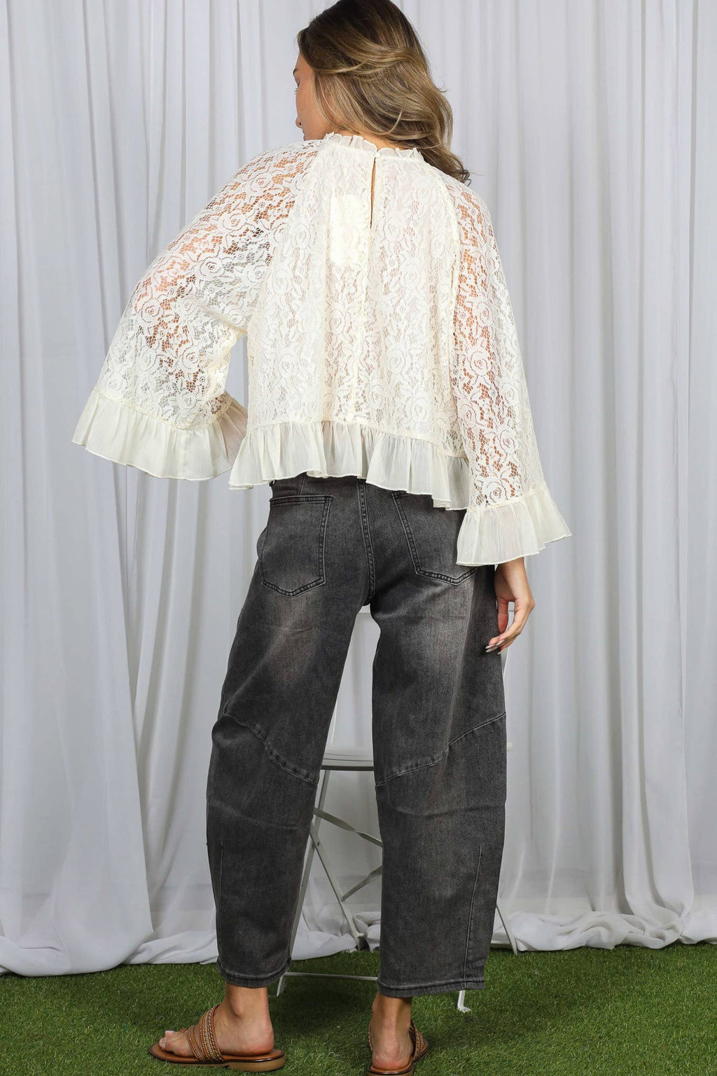 Ruffle Neck & Hem Bell Sleeve Loose Lace Blouse Top