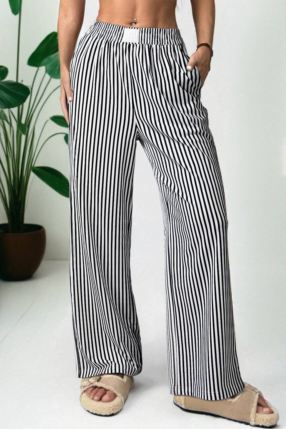 Stripe Elastic Waist Wide Leg Lounge Pants
