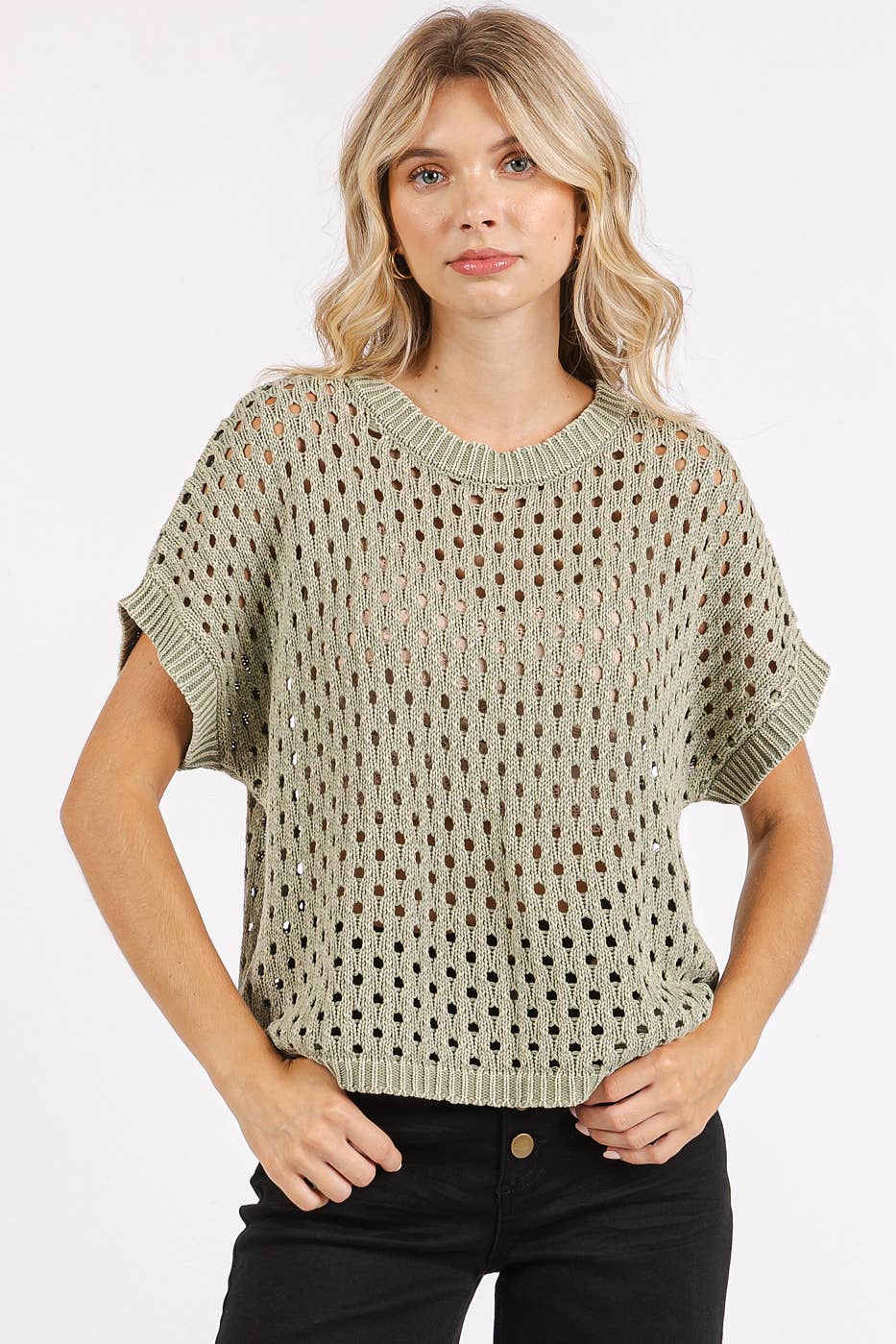 MINERAL WASH OPEN KNIT SHORT SLEEVE SWEATER TOP