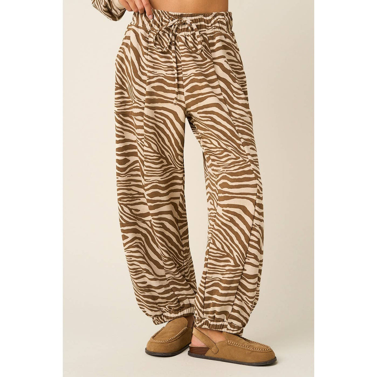 ZEBRA PRINT RELAXED FIT BARREL LEG PANTS