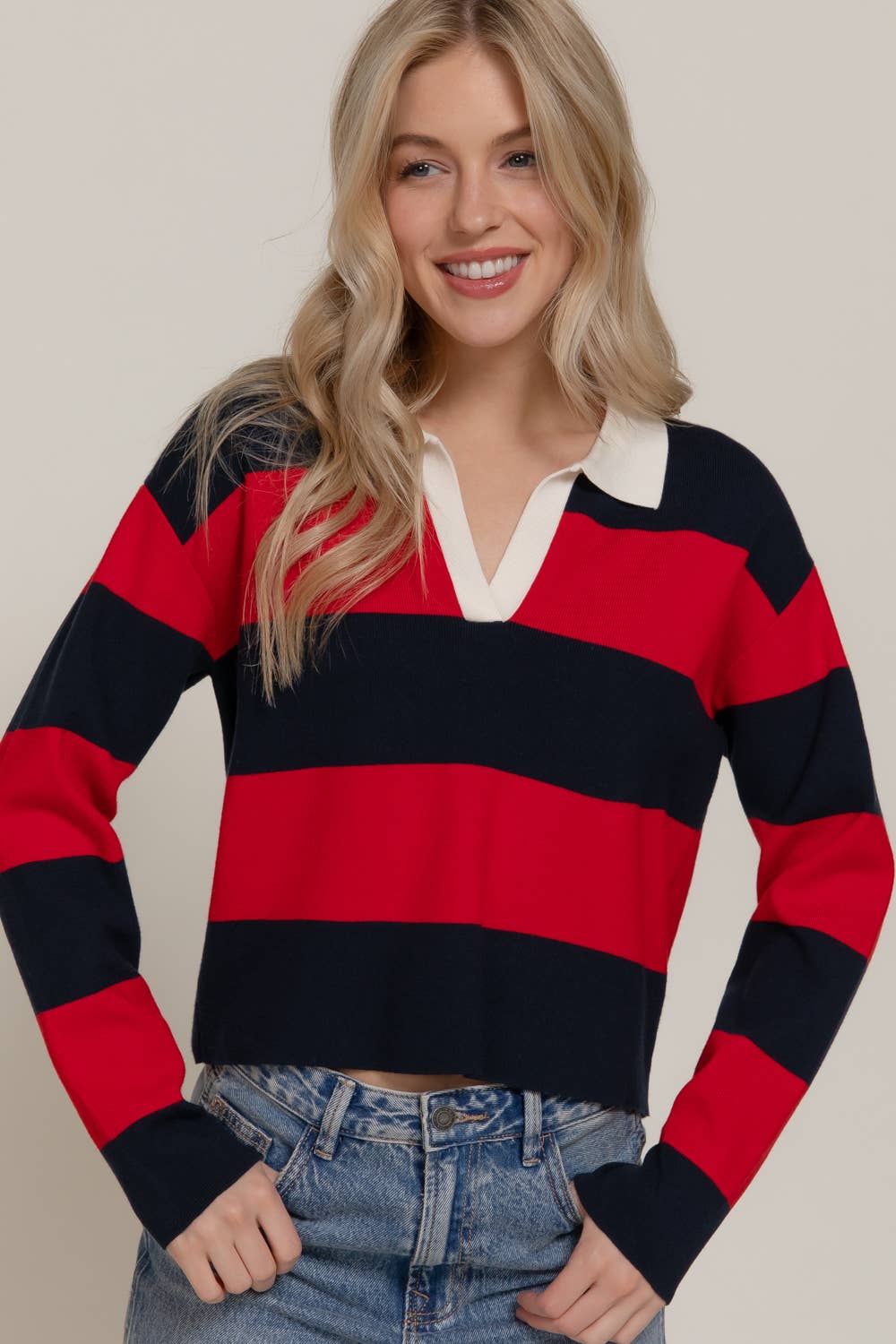Long Sleeve Rugby Stripe Polo Swaeter