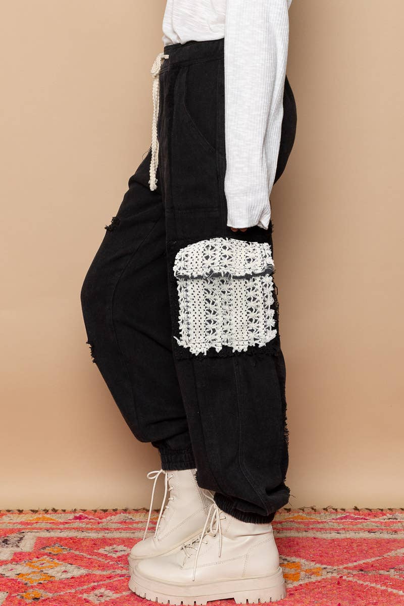 Tie waistband contrast crochet cargo pockets denim joggers