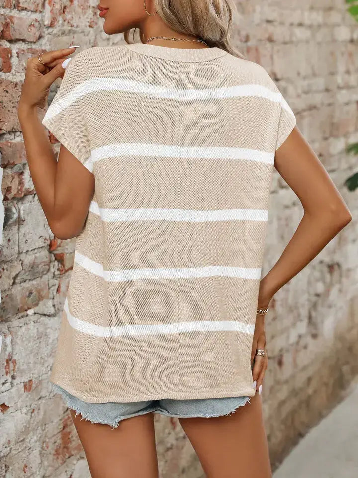 Ladies Round Neck Thick Knit Casual Striped Sweater