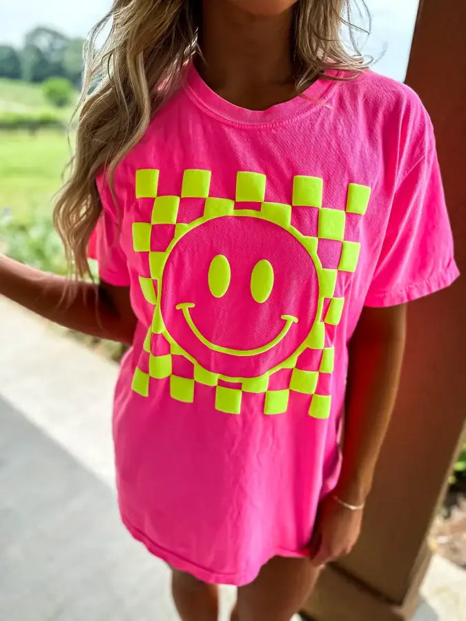 Neon Pink Checkered Smiley