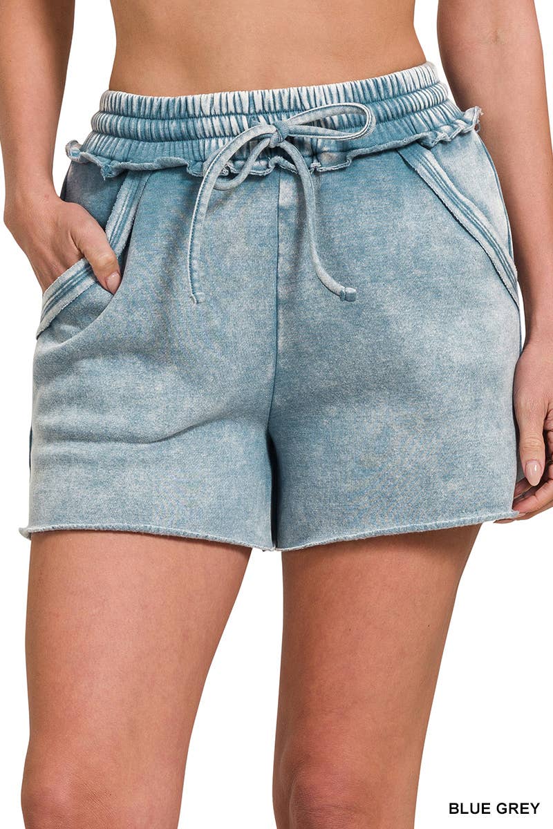 .Acid Wash Elastic Waistband Fleece Shorts