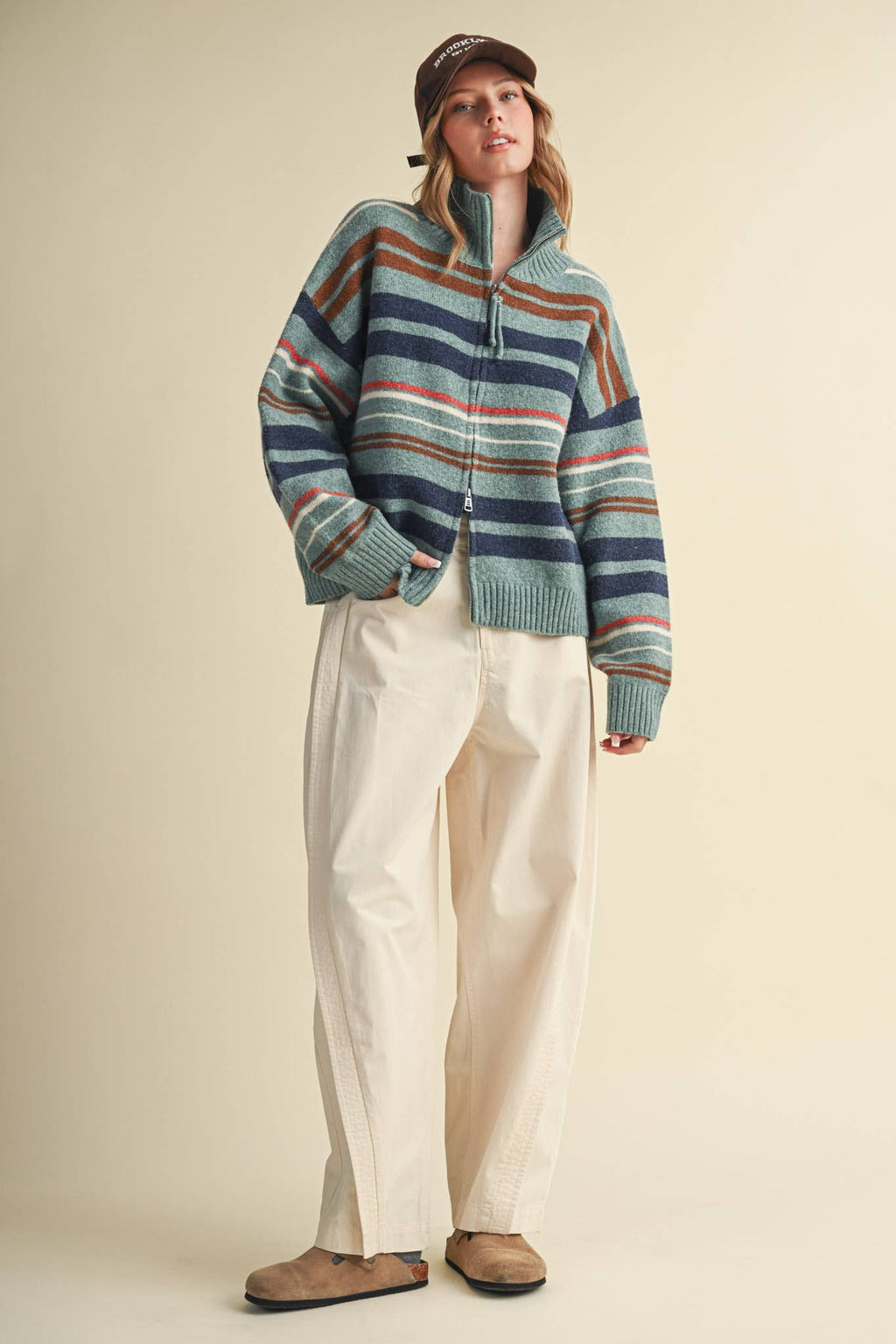 STRIPED MOCK NECK ZIP UP CARDIGAN