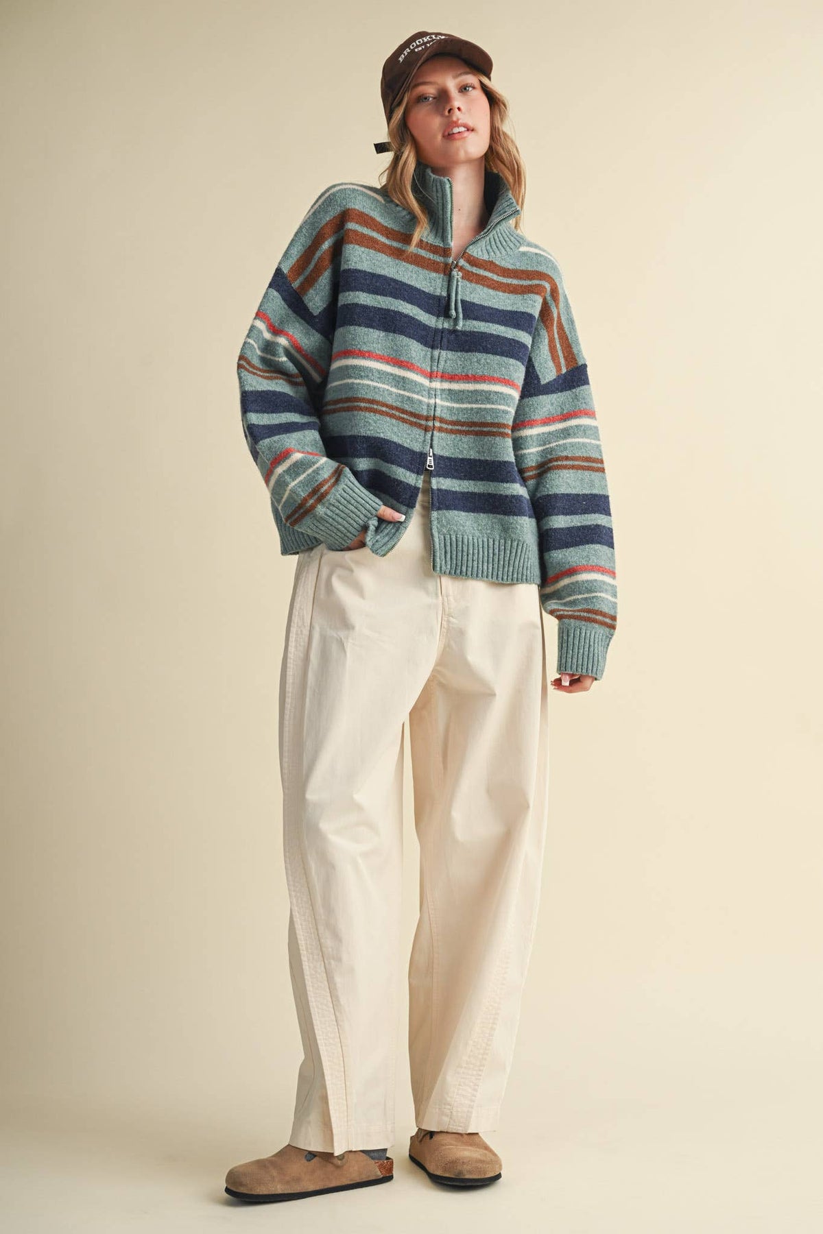 STRIPED MOCK NECK ZIP UP CARDIGAN