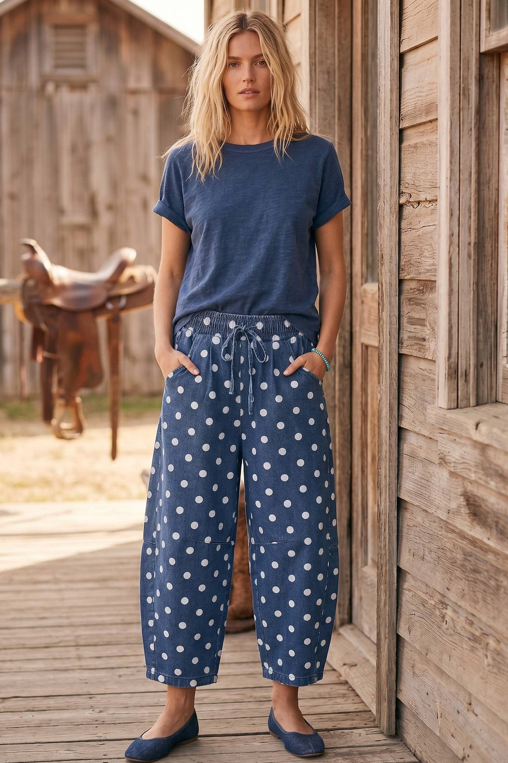Oversized Polka Dot Denim Barrel Pants