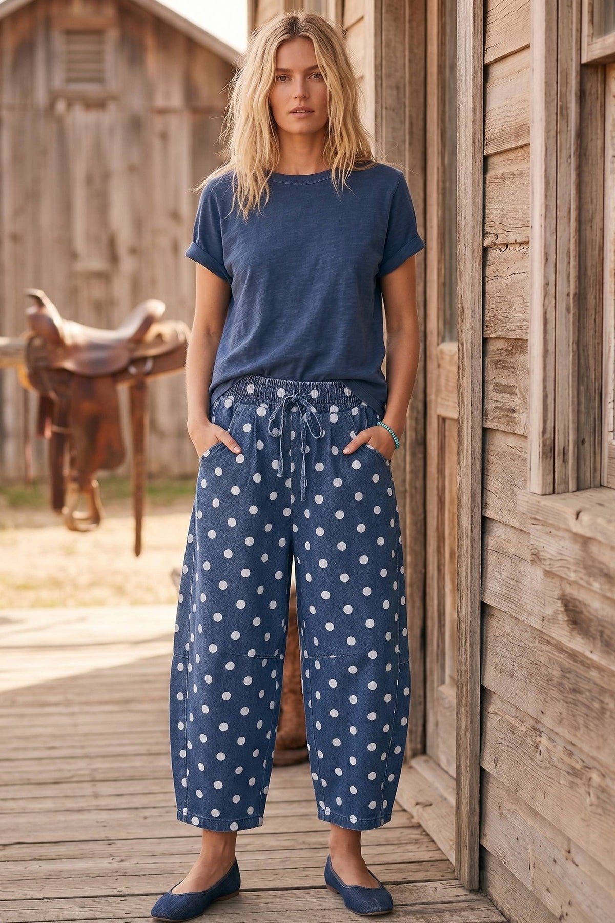 Oversized Polka Dot Denim Barrel Pants