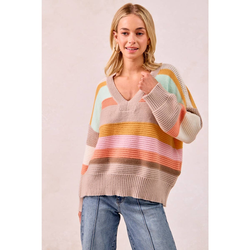 MULTI COLORS STRIPES RIB BANDED V-NECK SWEATER TOP