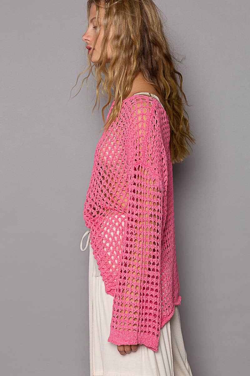 Dropped Shoulder Open Knit Boat Neck Sweater