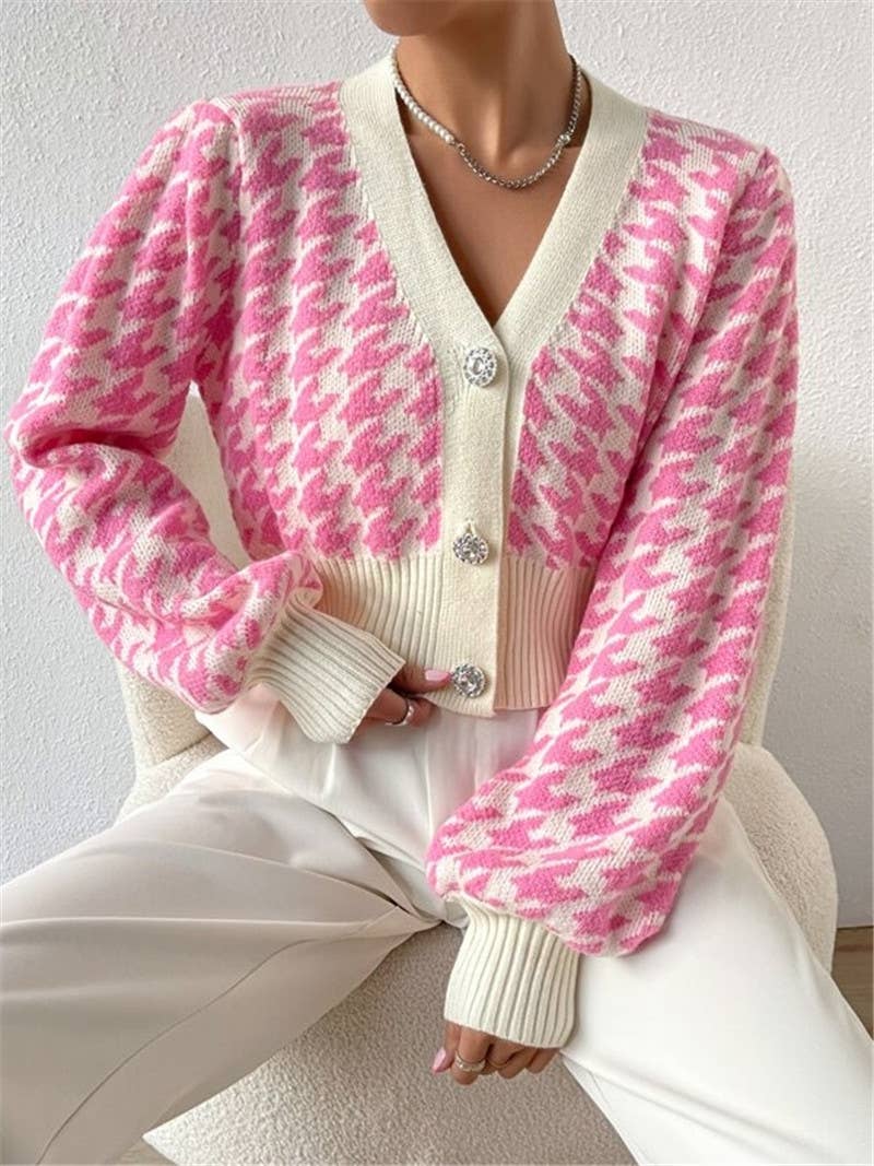 Houndstooth v-neck cropped knit Cardigan