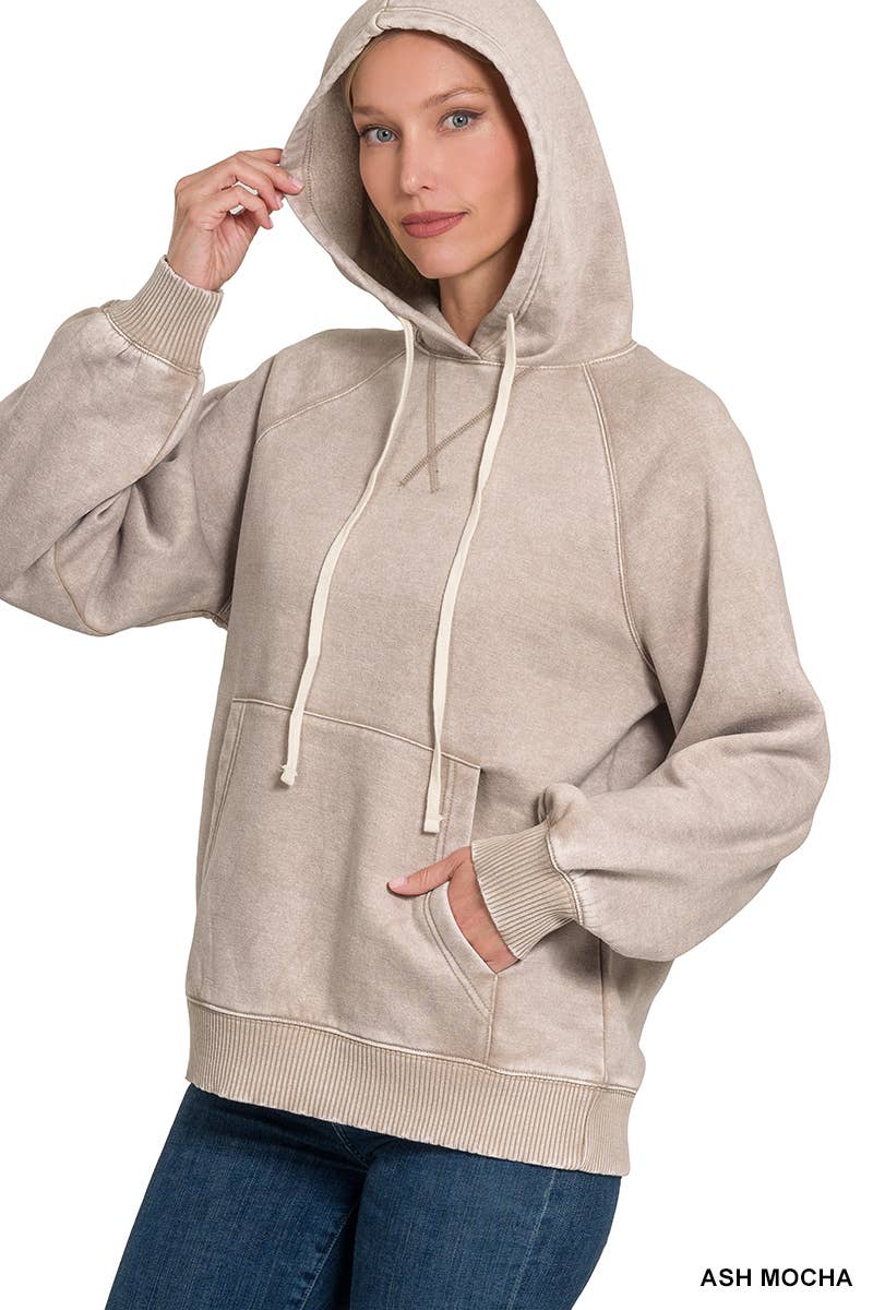 Acid Wash Fleece Hoodie With Pockets