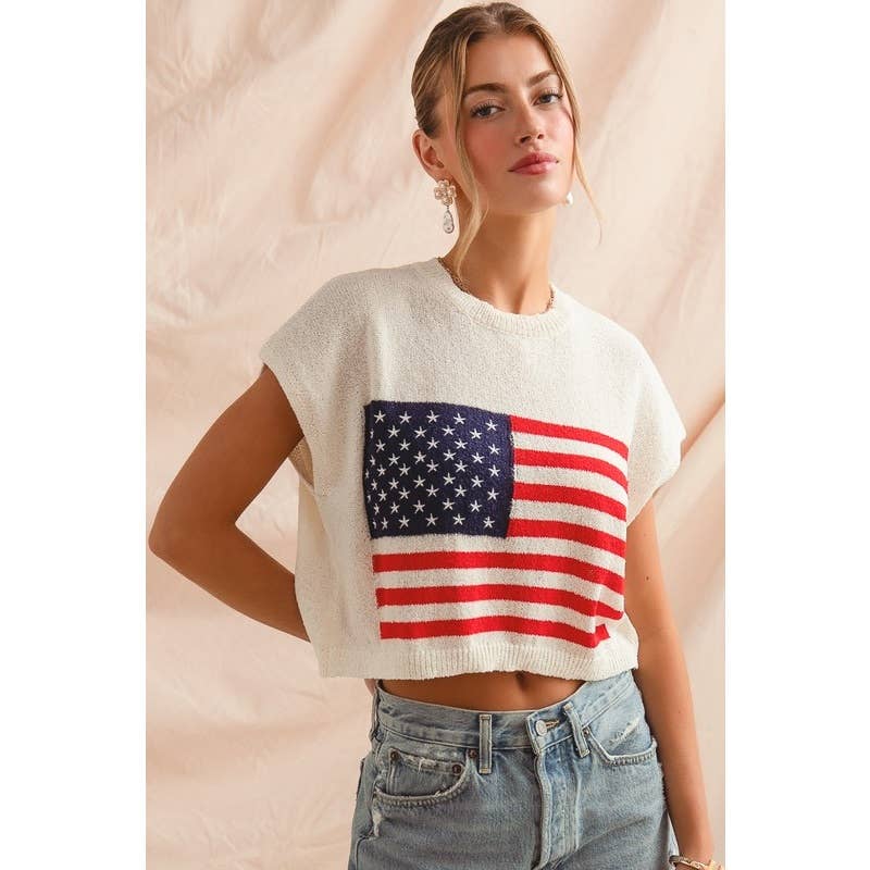 FOURTH OF JULY AMERICAN FLAG BOXY FIT SWEATER TOP
