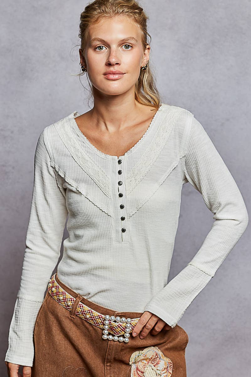 Long sleeve double gauze solid knit rib top